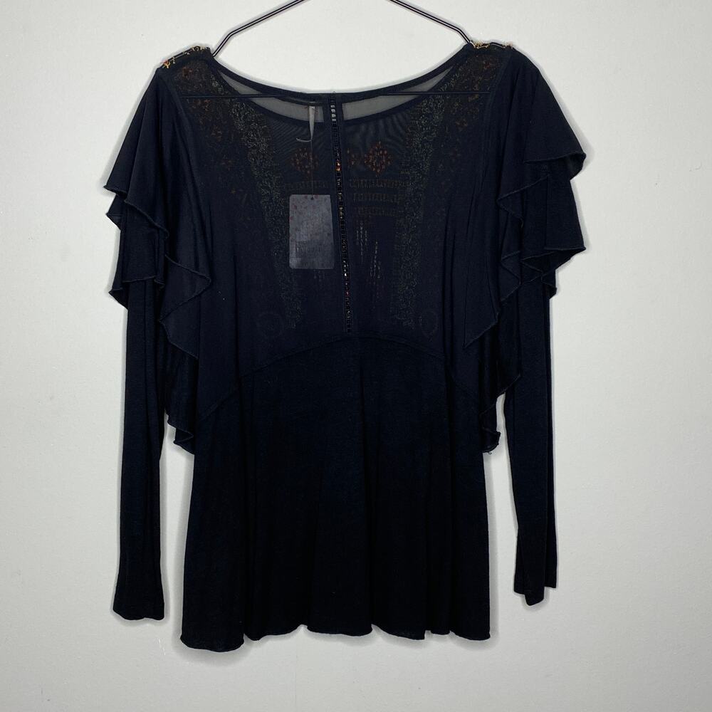 Free People Black Embroidered Ruffle Sleeve Mesh Yoke Top OB651125 Size S NEW - Picture 4 of 10